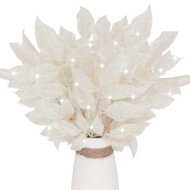 12Pcs Glitter Leaf Sprays Christmas Tree Picks Ornaments 14" Fake Plants Sparkling Artificial Branches Leaves for Christmas Tree Filler DIY Crafts Floral Arrangements Winter Holiday Décor (White)