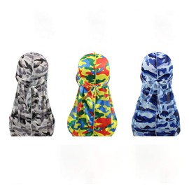 Deepthan 3PCS Men Camo Silky Durags Pack Satin Doo Rag (Grey,Yellow, Blue)