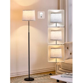Hikczc 60" Modern Floor Lamp for Living Room Bedroom, Standing Lamp with Oatmeal Linen Lampshade, Tall Lamp with A19 9W 3 Color Temperature Bulb, Foot Switch Control, Black