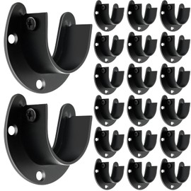Closet Rod Bracket, (20 Pack) Heavy Duty Closet Rod Support Black Stainless Steel Closet Shower Rod Holders 1 1/4 Inch Closet Pole Holder Sockets U Shaped Wardrobe Brackets Flange Rod Holder End Caps