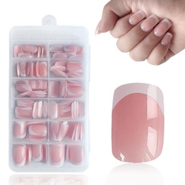SanFangyue Soft French Press On Nails Kurz Square Nageltips Soft Gel Nail Tips, French Fake Nails mit Pre-applied Tip Primer & Base Coat Cover, No Need to File Fake Nails