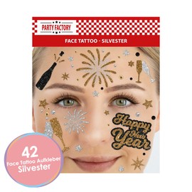 Party Factory Happy New Year Face Tattoo, Temporary Glitter Face Tattoo for Children and Adults for New Year's Eve, Theme Party