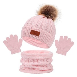 Jagowa Kids Winter Warm Beanie Hat Scarf Gloves Set Thermal Neck Warmer Elastic Soft Hat for Baby Toddler Girls Boys Outdoor Sports Winter Accessories Sets (Pink)