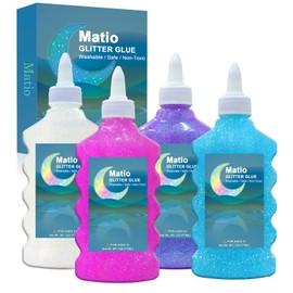Matio Glitter Glue, 4 Pack Glitter Liquid Glue Non-Toxic Washable 6 FL OZ Each Bottle Assorted Color Glue Stick White Blue Pink Purple Gel Pen for DIY Slime Craft, Painting Art, Christmas Decor Supply