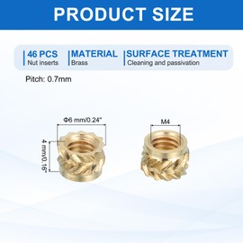 sourcing map 46 Pcs Threaded Inserts, M4 Brass Heat Set Insert for 3D Printing and Plastic Material Female Knurled Insert Nuts for Laptops Electronic Products, M4x6x4mm