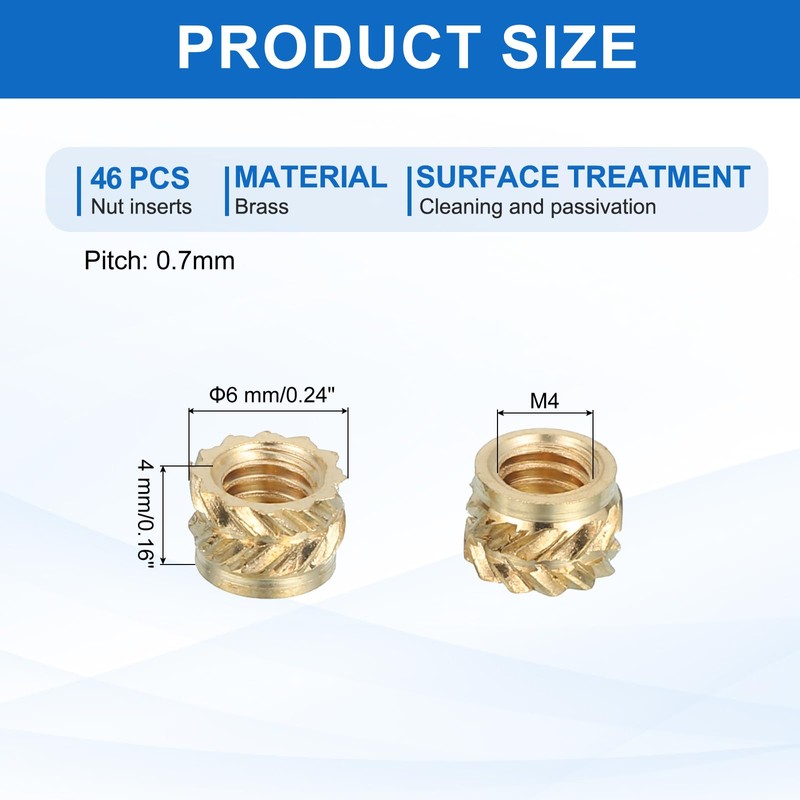 sourcing map 46 Pcs Threaded Inserts, M4 Brass Heat Set