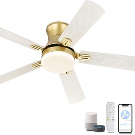 YOUKAIN Ceiling Fans with Lights, 52 inch Low Profile Ceiling Fan with Remote Control and App Control, Flush Mount, Reversible, Dimmable, Gold Ceiling Fan for Bedroom, Indoor/Outdoor Use, 52-YJ865-GD