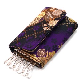 COCOLUCK Men's Key Case, Japanese Pattern, Golden Brocade, Nishijin Textile, Made in Japan, 6 Tiles, Souvenir, Gift, Indigo Fan