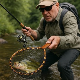 Fly Fishing Net with Release, Fishing Landing Net, Lightweight Trout Fishing Net with Wooden Handle Frame, Rubber-Coated Mesh Landing Nets for Minnow, Catch and Release