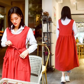 CHAILIQIANGG Women Apron Large Size Apron Cotton Linen Washed with 2 Pockets Plain Japanese Cooking Apron Ladies Vest Work Apron Adjustable Work Apron, red