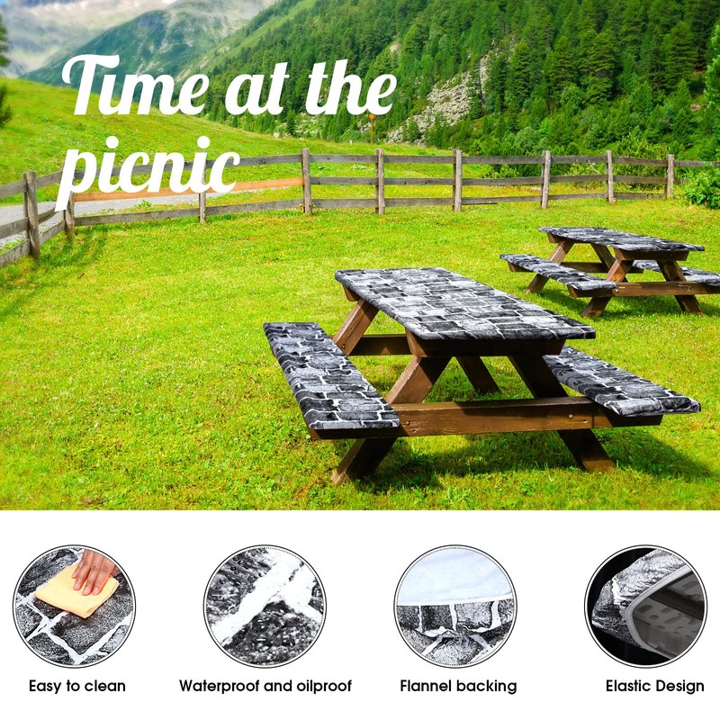 BOAO 3 Pcs Vinyl Picnic Table Cover with Bench Cover