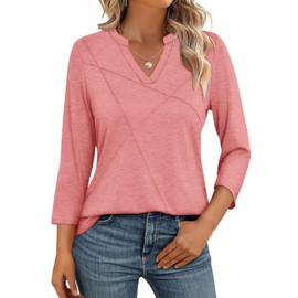 TICTICMISS Womens Tops 3/4 Sleeve T Shirts V Neck Summer Tops Dressy Casual Basic Tees Loose Tunics Coral
