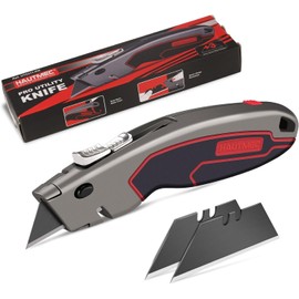 HAUTMEC Heavy-Duty Utility Knife, Safety Box Cutter with Auto-Retracting & 3-Position Locking Dual-System, Built-In Wire Stripper, Blade Storage and 3 Ultra-sharp SK4 Blades – HT0311