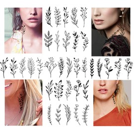 Kotbs 18 Sheets Realistic Temporary Tattoo, Tiny Branch Black Flower Temporary Tattoos for Women Girls Kids, Bouquet Small Tattoo Temporary Sticker Wild Plant Floral Fake Tattoos