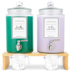 Large 1 Gallon Laundry Liquid Detergent Dispenser with Spigots and Measuring Cups, 4L Laundry Soap Holder Organizer for Fabric Softener, Soap, Glass Containers