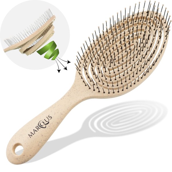 marQus Organic Hair Brush without Pulling with Unique Double Spiral Spring and More Bristles for Optimal Pressure Distribution and Care, Detangling Brush for All Hair Types, Pack of 1, Natural Cream