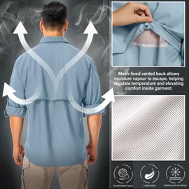 Toumett Men's Sun Protection Fishing Shirts Long Sleeve Safari Shirts UPF 50 UV Quick Dry Cooling Travel Work Shirts(5039,Blue,L)