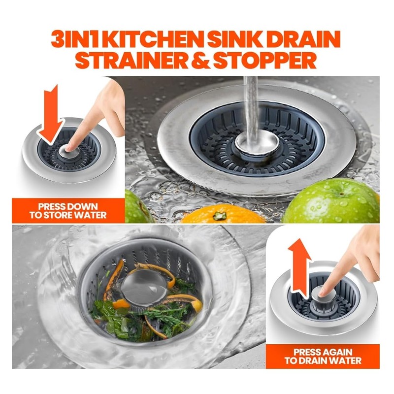 2 Pack 304Sink Drain Strainer - Sink Stopper, 3-in-1 Kitchen