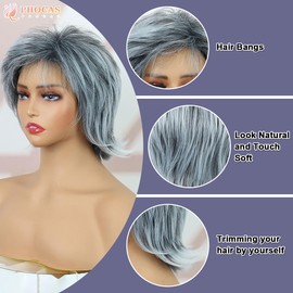 PHOCAS Short Wig for Women, Pixie Cut, Shaggy Layered, Fluffy, Grey, Mixed Black Wig, 80s Mullet Rocker Wig, Synthetic Short Hair Wig with Fringe