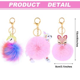 WILLBOND 3 Pieces Cute Animal Unicorn Pom Pom Keychain Faux Fluffy Key Ring for Women Girls (Pink Alpaca Gold Unicorn)