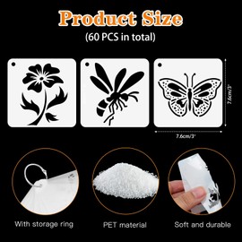 OOTSR 60 Pcs Painting Stencils for Craft Reusable, Drawing Craft Stencils DIY, 3" Templates of Bee Butterfly Dragonfly Flower Leaves, for Scrapbooking Furniture Wood Wall Home Decor