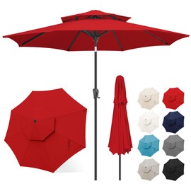 FLAME&SHADE 9ft Patio Umbrella - 2 Tiers Outdoor Umbrella with Push Button Tilt and Crank for UV Protection, Table Market Umbrella for Garden, Deck, Backyard, Pool and Beach(Red)