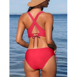 CUPSHE Women's Bikini Sets Two Piece Swimsuit V Neck Triangle Top Wide Straps Cross Back Lace up Mid Rise S, Red