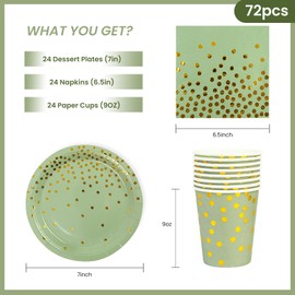 72 Piece Birthday Party Tableware Set, Sage Green Gold Birthday Party Tableware Cups Napkin Paper Plates Set for Girls Children Table Decoration 24 Guests