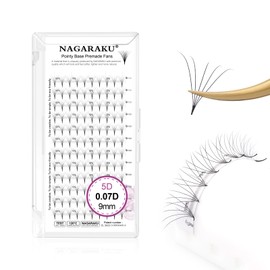 NAGARAKU Premade Fans Eyelash Extensions Premade Volume Fans Lash Extensions 120 Fans 5D 0.07D Curl 9mm Sharp Narrow Stem Clusters Thin Pointy Base Russian Fans Ready Volume Premade Lash Fan Fluffy