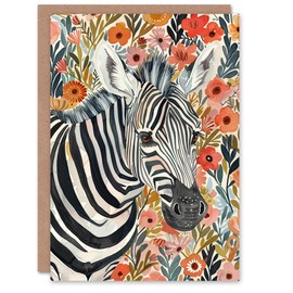 Artery8 Greeting Card Zebra in Wildflower Meadow Floral Watercolour for Her Woman Birthday Card