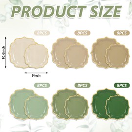 FYSUIMU 96Pcs Nude Sage Green Paper Plates 9 Inch 10.6 Inch Scalloped Gold Edge Disposable Plates 6 Colors Dinner Plate for One Lucky Duck Birthday Wedding