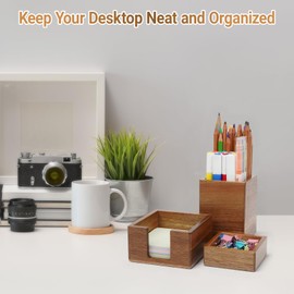 RAWILL 3 PCS Brown Wooden Desk Organizer Set Pine Wood Office Desk Accessories with Pen Holder, Paperclip Storage and Sticky Note Holder, Wood Grain Clear, Ideal Gift for Office and Family