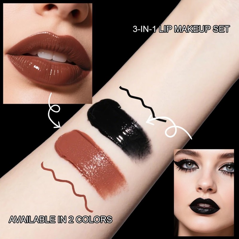 LOPHE 3Pcs Black Lip Kit Set | Matte Velvet Liquid
