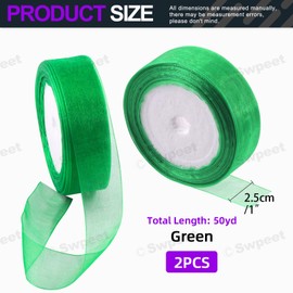 Swpeet 2 Rolls 50 Yards x 1 Inch Green Shimmer Sheer Fabric Ribbons Organza Ribbon, Transparent Sheer Ribbon Chiffon Fabric Ribbons for Bouquets Wedding Birthday Decoration