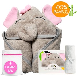 JM Bamboo Hooded Towel Baby, Baby Towel Hood Large (90 x 90 cm) for 0-5 Years, Soft and Absorbent Baby Care Set as Baby Gift (including Wash Cloth and Laundry Bag) - Pink