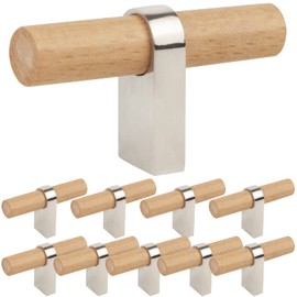 foxwake Wooden Drawer Pulls and Knobs 10pack Natural Wood and Metal Kitchen Cabinet Handles T Bar Pulls for Bedroom Dresser Drawers(Single Hole 2-3/8IN)