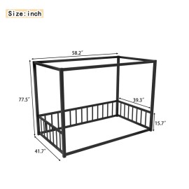 Twin Size Canopy Frame Metal Floor Bed with Fence-style Guardrails Black
