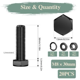 GOHODOMINO M8×30mm Hex Bolts, Nuts, Flat Washers and Lock Washers, 20Pcs, 18-8 (304) Stainless Steel, Fully Threaded Screw Bolts，Black Oxide
