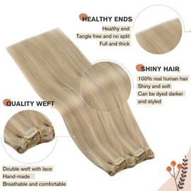 Ugeat 45 cm Clip Extensions, Real Hair Streaked Ash Blonde with Bleach Blonde P18/613, Hair Extensions Real Hair Wefts Clip, 7 Pieces, Clip in Hair Extensions, Real Hair Single Wefts, 100 g