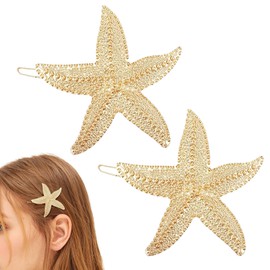 JazSwirl Gold Starfish Hair Clips for Women, 2 Pack 2.2 Inch Metal Starfish Beach Clips Hair Accessories for Beach Vacation, Mermaid Hair Clips, Ocean Sea Shell Hair Clip