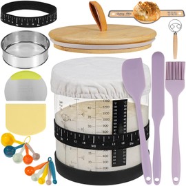 OULOVECO Large Sourdough Starter Jar, Wide Mouth Bread Starter Kit with Ounce&ML Scale Line,Marked Feeding Band, Thermometer, Scraper, Measuring Spoons,Flour Sifter,Cloth Cover (1.2L/40OZ-C)