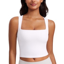CRZ YOGA Butterluxe Womens Longline Square Neck Sports Bras - Basic Crop Tank Yoga Workout Tops with Built in Pads White Small