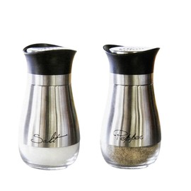 Salt & Pepper Shaker Set Stainless Steel Covering Glass with "Salt" and "Pepper" Printed on Front, BPA-Free, 4.42 Oz Capacity Spice Dispensers Kitchen Dining Table by Dependable Industries (Silver)
