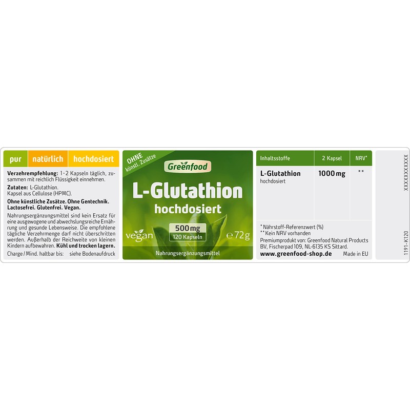 Greenfood L-Glutathione, 500 mg, high dose, capsules, vegan, made by