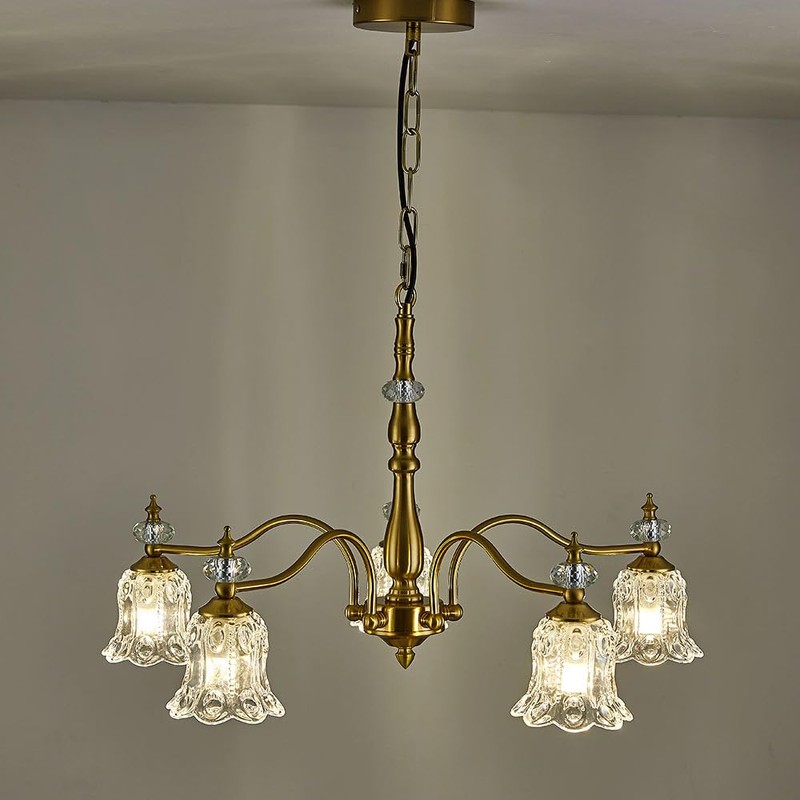 TELAFLY 5 Lights Vintage Gold Chandelier, Elegant Rustic Chandeliers Glass