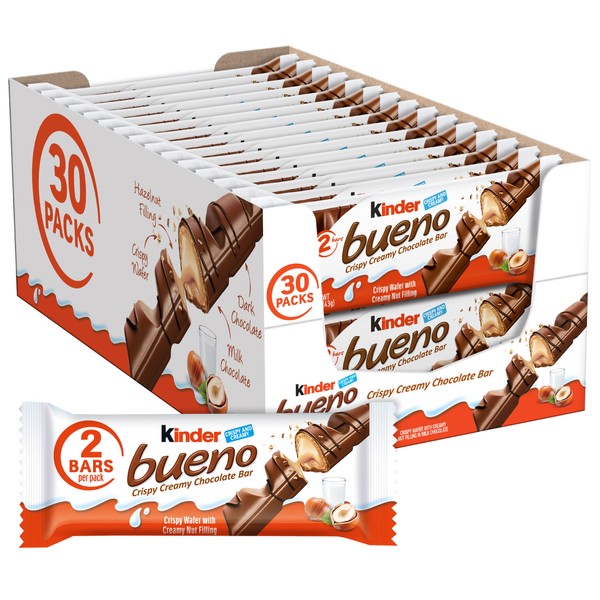 Kinder Bueno Milk Chocolate and Hazelnut Cream, Bulk 30 Pack,