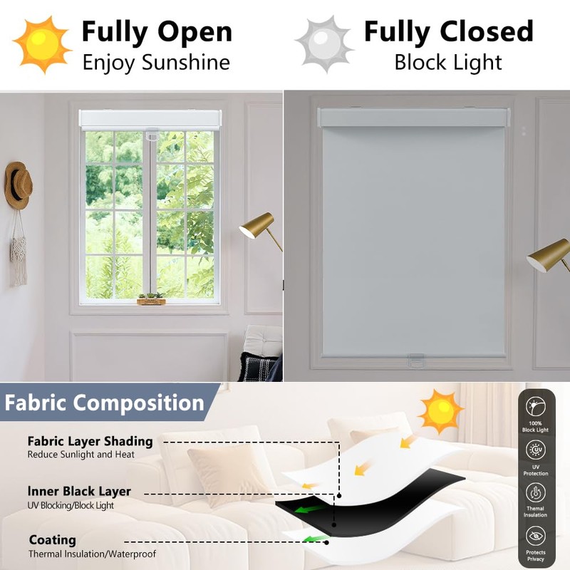 SHADEMOON Blackout Cordless Roller Shades for Windows,Free-Stop System Blind with