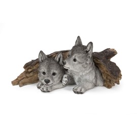 Hi-Line Gift Grey Wolf Cubs Hiding Under Log Statue