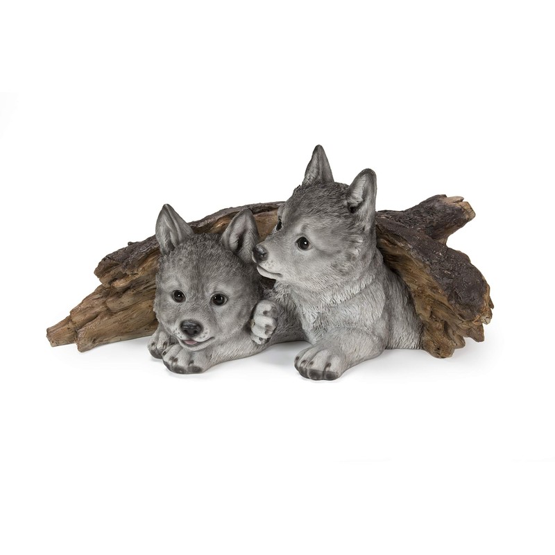 Hi-Line Gift Grey Wolf Cubs Hiding Under Log Statue