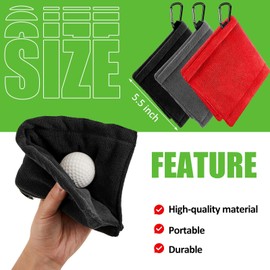 Flutesan 3 Pieces Golf Ball Towel 5.5 x 5.5 Inch, Small Golf Pocket Towel with Clip Portable Golf Cleaner Accessories for Men Women (Black,Grey,Red)